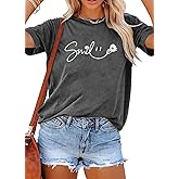 YEXIPO Womens Graphic Tees Short Sleeve Summer Tops Funny Letter Print Crew Neck Casual Loose Cute T Shirts