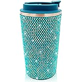 XMYAINA 17oz Rhinestone Insulated Coffee Mug with Leak Proof Lid Stainless Steel Vacuum Bling Travel Coffee Mug Studded Diamond Sparkly Coffee Tumbler Cup Reusable Portable To Go Mugs (Turquoise)