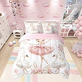 7 Pieces Ballerina Girl Comforter Set Twin Size, White Swan Bedding Set for Kids Girl Princess Room Decor, Pink Flower Print Bed in a Bag with Comforter, Fitted Sheet, Flat Sheet and Pillowcases