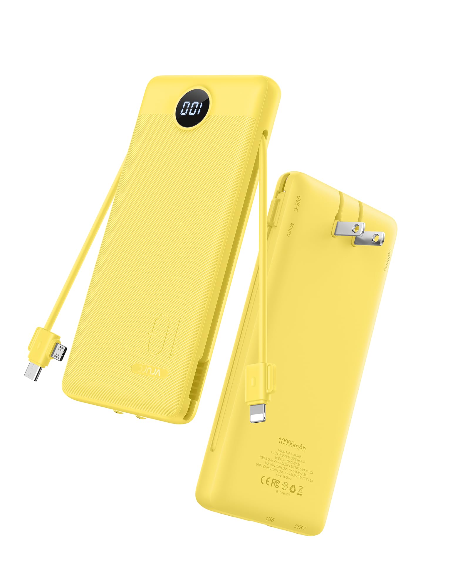 VRURC Portable Charger with Wall Plug, 10000mAh Slim Portable Charger Built in Cables,PD 20W Fast Charging Power Bank with Cords,USB C Portable Phone Charger Travel Accessories -Yellow(1 Pack) Image VRURC Portable Charger with Wall Plug, 10000mAh Slim Portable Charger Built in Cables,PD 20W Fast Charging Power Bank with Cords,USB C Portable Phone Charger Travel Accessories -Yellow(1 Pack) Image