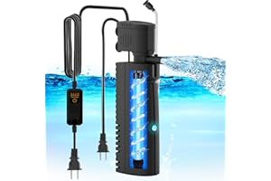 VCRAZE Fish Tank Filter with U - V Light & Timer (3/6/12/24 Hours) for Green Water Cleaning, Aquarium Filter with Aeration Turtle Tank Filter with Pre-Filter Sponge for Tanks 40-70 Gallon