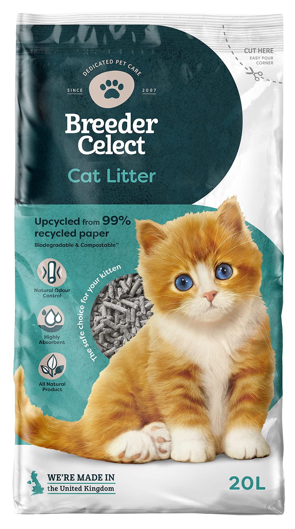Breeder Celect Natural Cat Litter (20L) - 99 percent Recycled Paper, Absorbent Cat Litter Pellets, Optimal Odor Control, Non-Clumping, Biodegradable & Compostable - Made in UK
