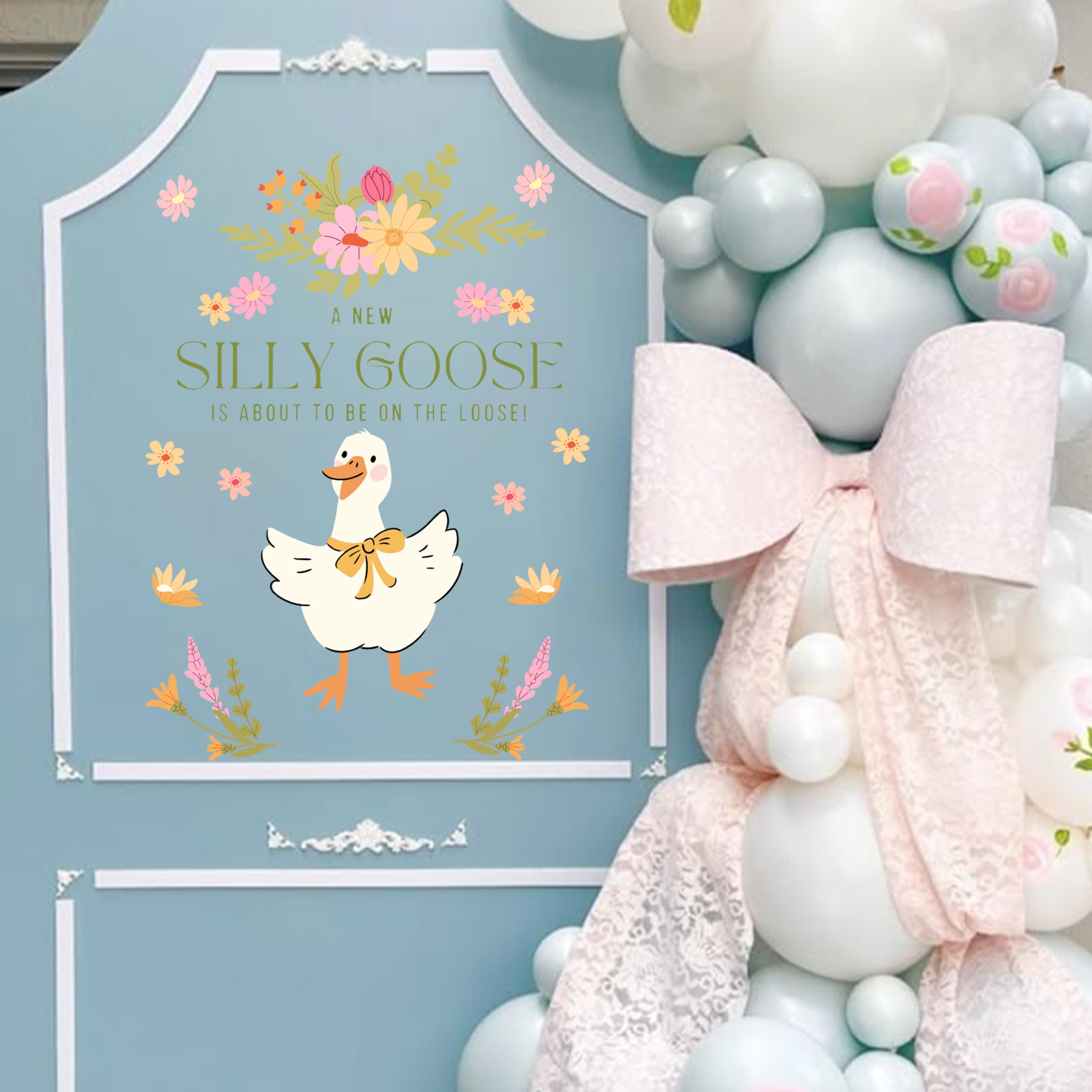 Photo 1 of MUWEOL A New Silly Goose is About to Be On The Loose Decal - Baby Shower Decorative Wall Decal, Silly Goose Design with Floral Pattern,Gender Reveal Party Supplies (Goose Decal Orange)