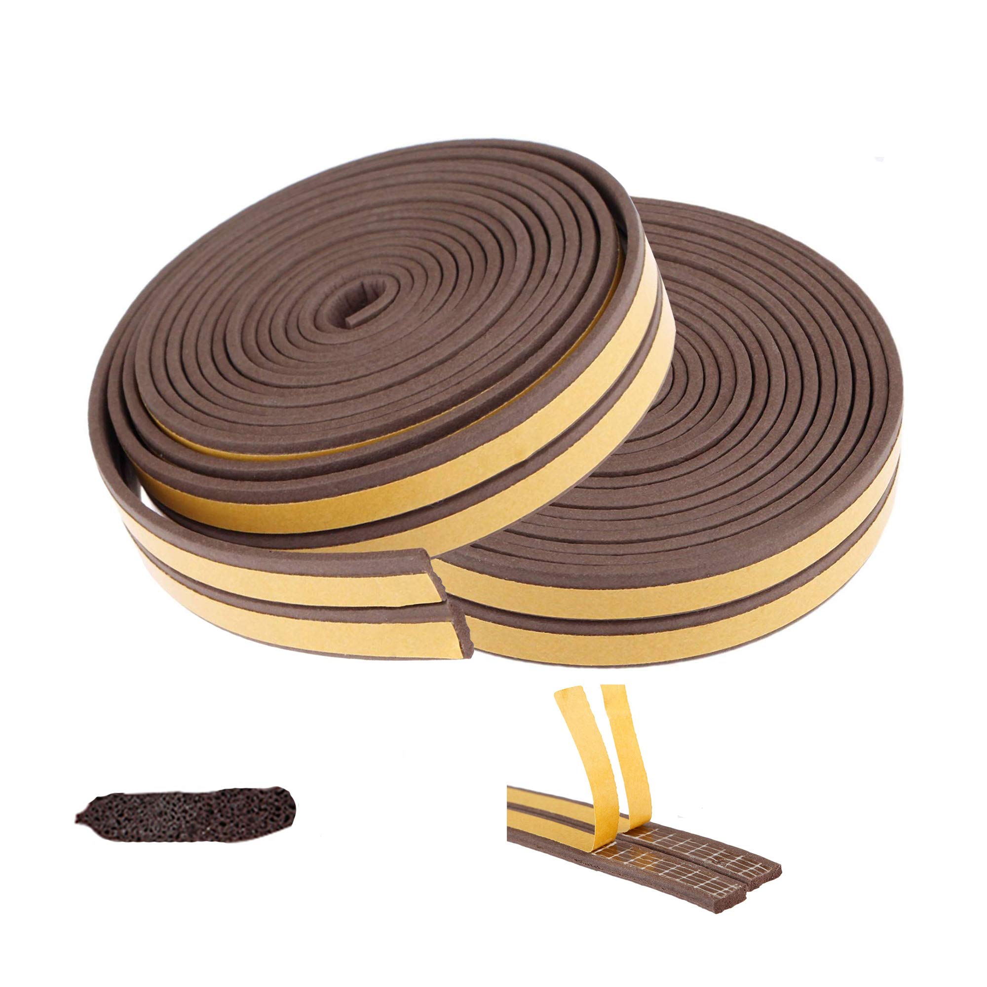 LIKERAINY Door Window Draft Excluder Tape Self-Adhesive EPDM Draught Excluder Strip Foam Seal Soundproofing Rubber Weatherstrip I-Type Brown (2 Rolls Total 33 Meters)
