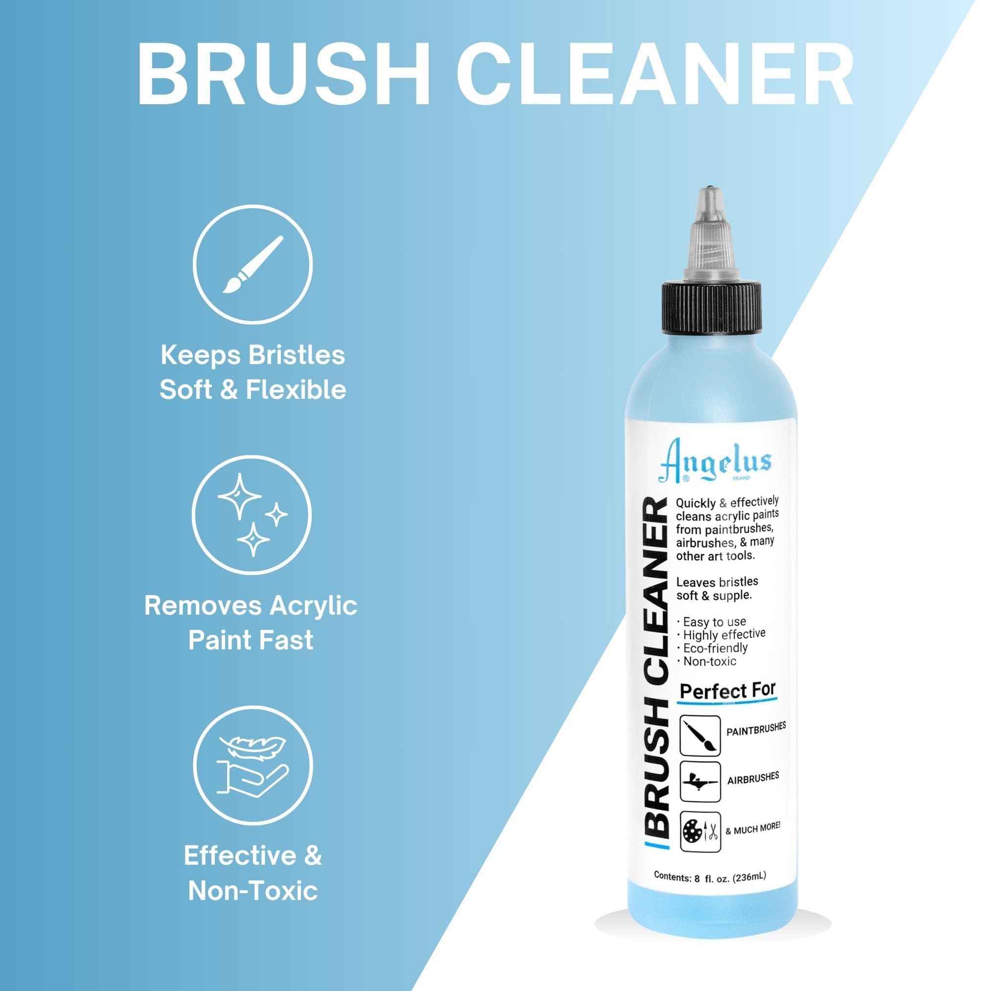 Angelus Brush Cleaner – Fast-Acting Cleaner for Brushes, Airbrushes & Art Tools – Effectively Removes Dried Acrylic, Oil, and Water-Based Paints, 8 ounces