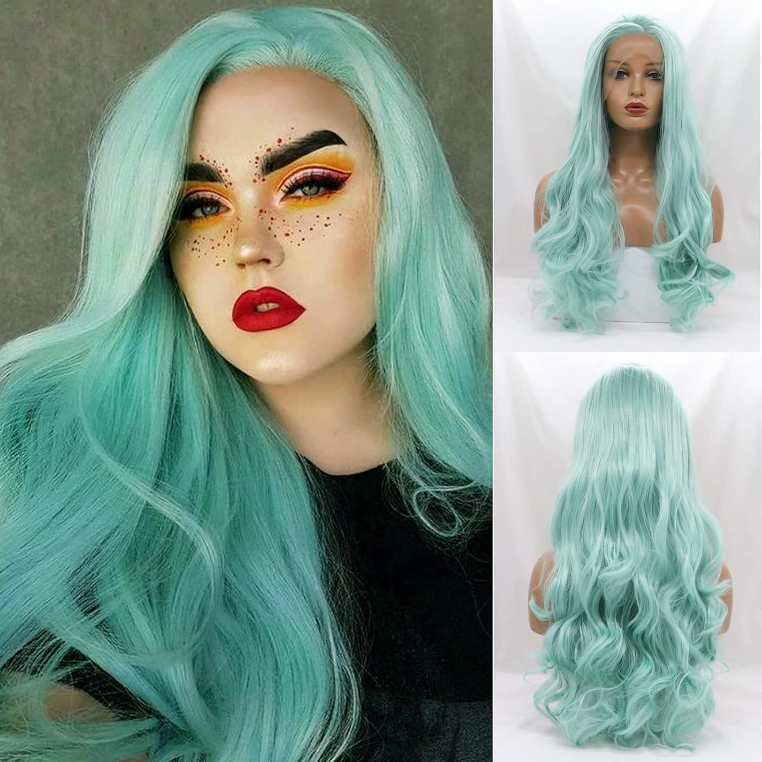 AFBeauty Blue Wig Lace Front Mint Green Synthetic Hair Long Wavy Heat Resistant Light Natural Hairline Free Part Hand Tied Lace Front Wigs for Women 24 Inches Cosplay Daily Drag — image 1