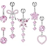 Quxddy Belly Button Ring Dangle, 14G Stainless Steel Belly Button Ring Set, Navel Piercing Jewelry Pink Bow Heart-Shaped Flower Butterfly Diamond, Women Accessories