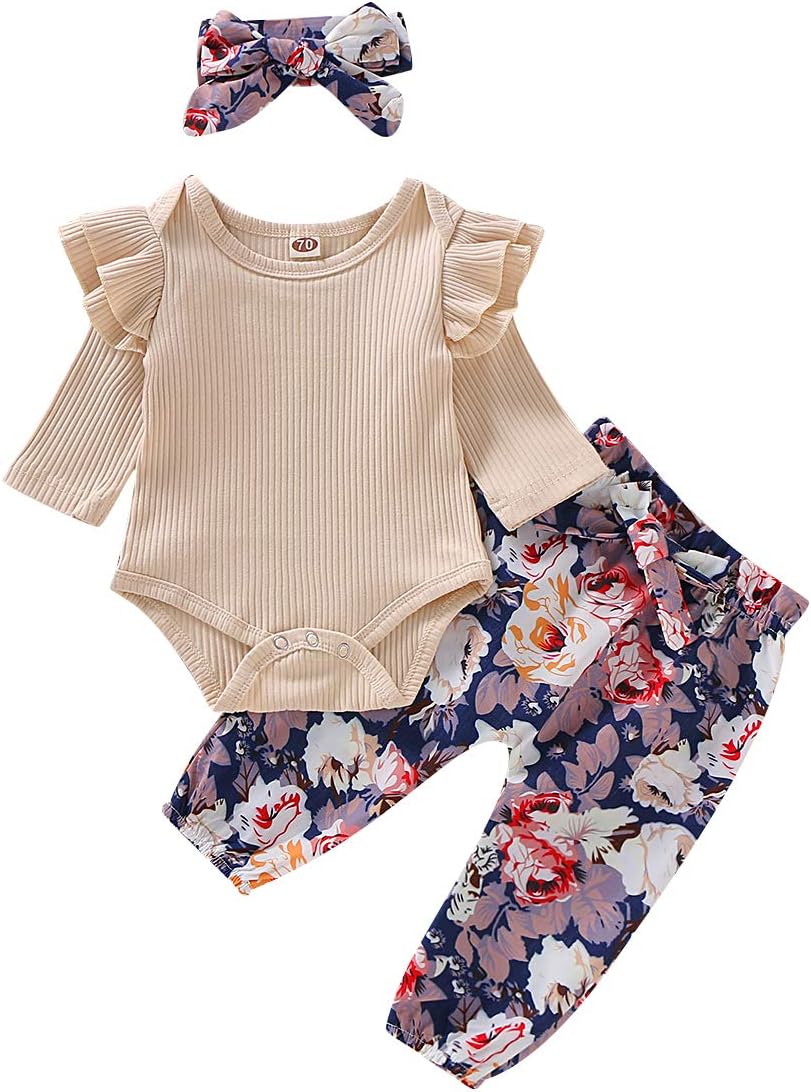 Newborn Baby Girl Clothes Long Sleeve Bodysuit Ruffle Romper Tops Floral Pants Bowknot Headband 3pcs Toddler Outfits Set