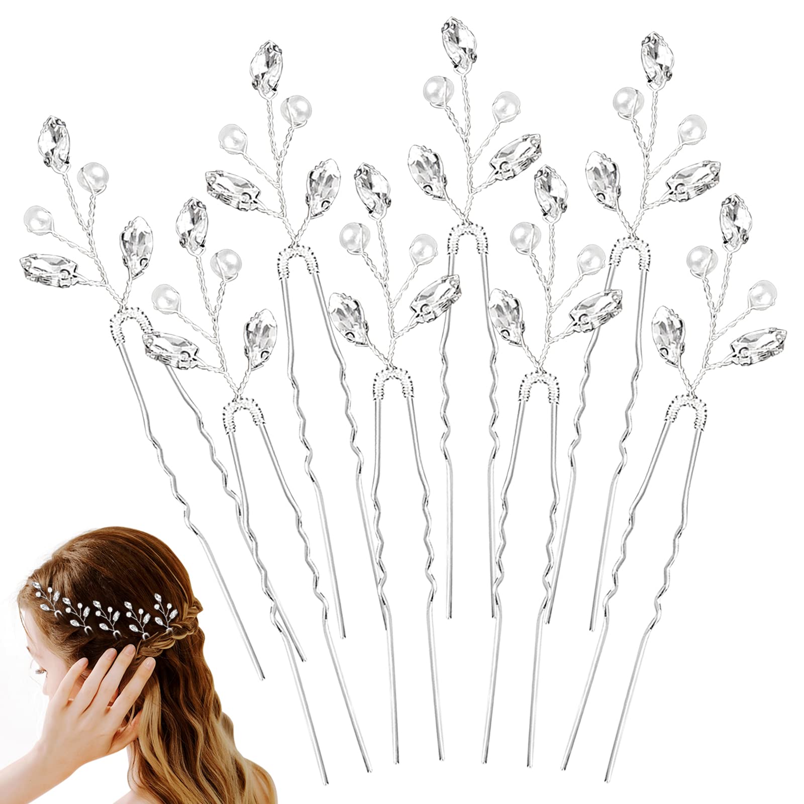 8PCS Bridal Hair Accessories, Wedding Hair Accessories for Women, Pearl Hair Pins, Silver Hair Clips, Sparkly Hair Clips, Hair Pins for Women, for Bride, Flower Girls