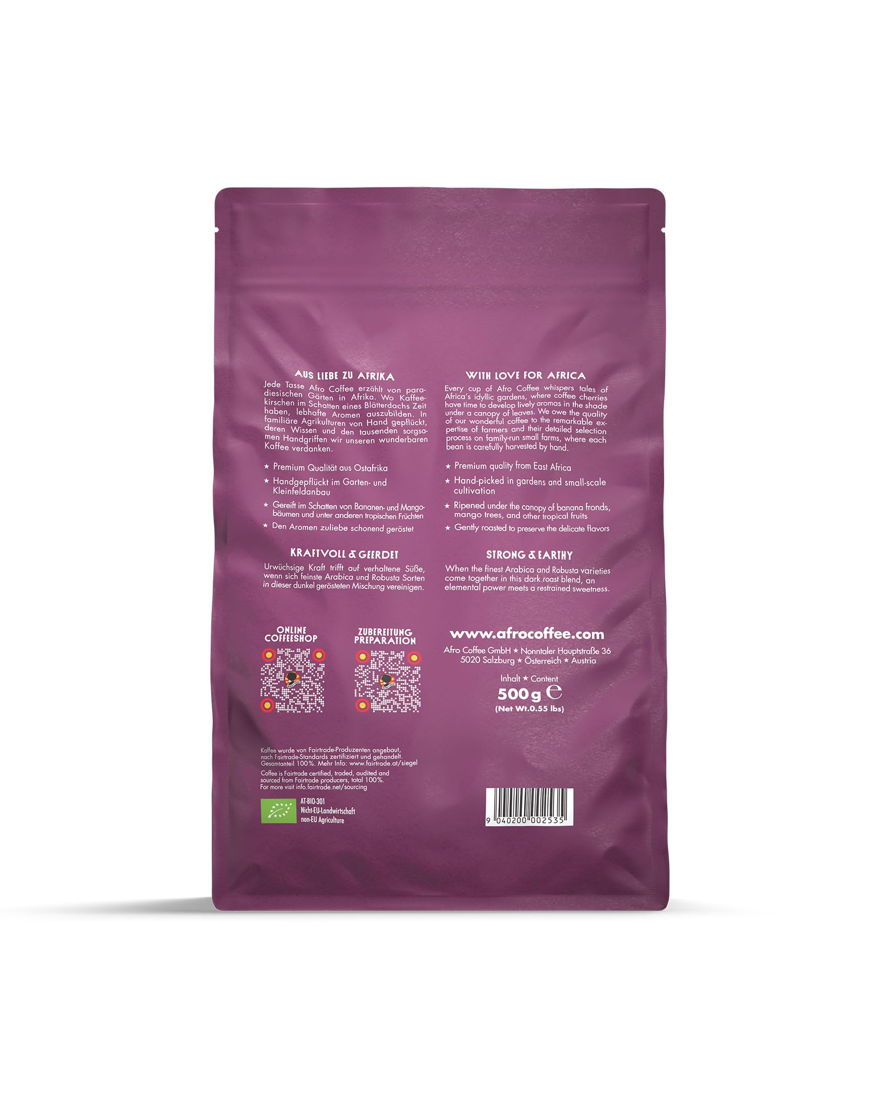 AFRO COFFEE Strong & Earthy I 500g Premium Bio Kaffeebohnen Fairtrade I Arabica & Robusta Bohnen I Bohnenkaffee aus Ostafrika mit nussiger Note I Kaffee Bohnen handgepflückt, dunkel geröstet, säurearm 8