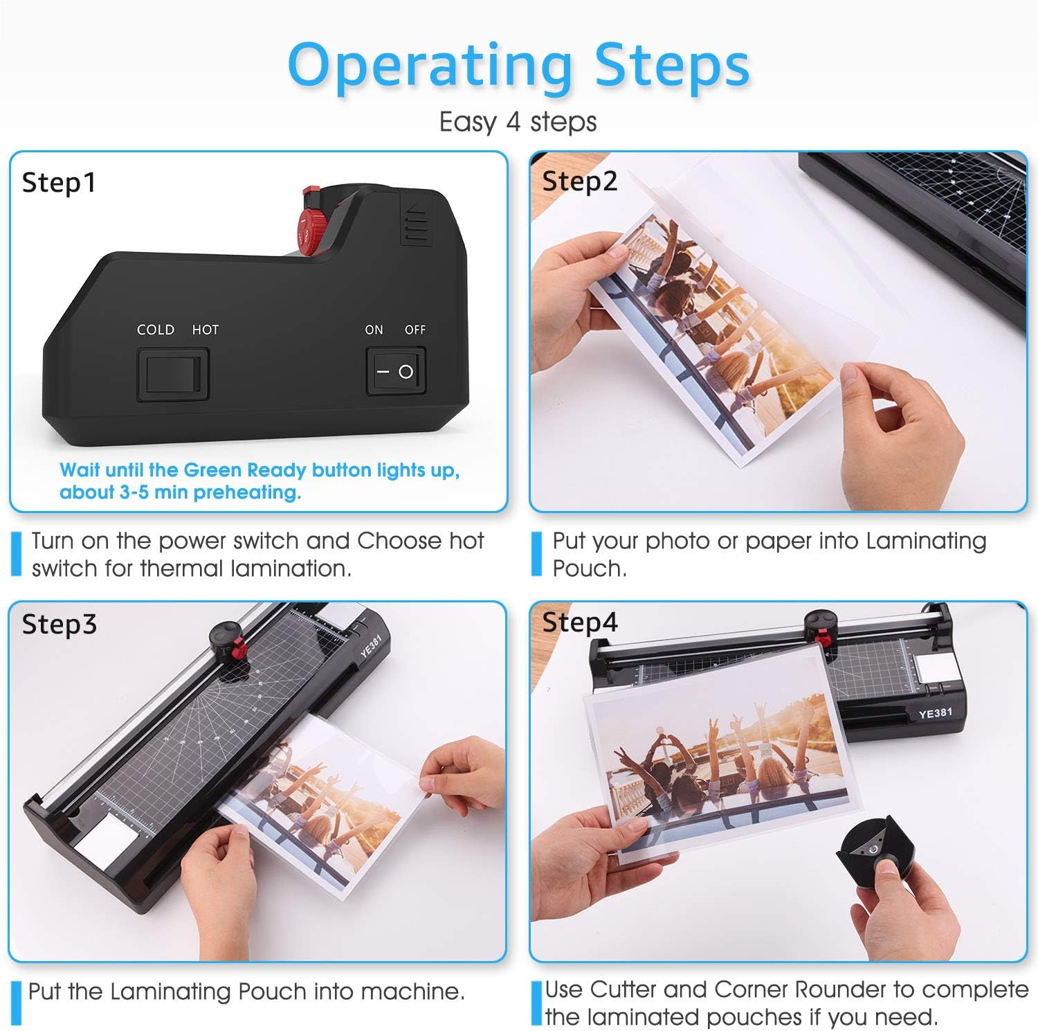 Laminator Machine for A3/A4/A6, YE381 Thermal Laminating Machine for Home Office School Use with 50 Pouches, Paper Trimmer and Corner Rounder (Black-5) (Black-6) : Office Products