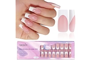 Canvalite French Tip Press on Nails - 300Pcs Pre-Colored Quick and Easy Press on Nails Long Square Fake Nails with Designs DIY Gel Nail Tips, Pink White