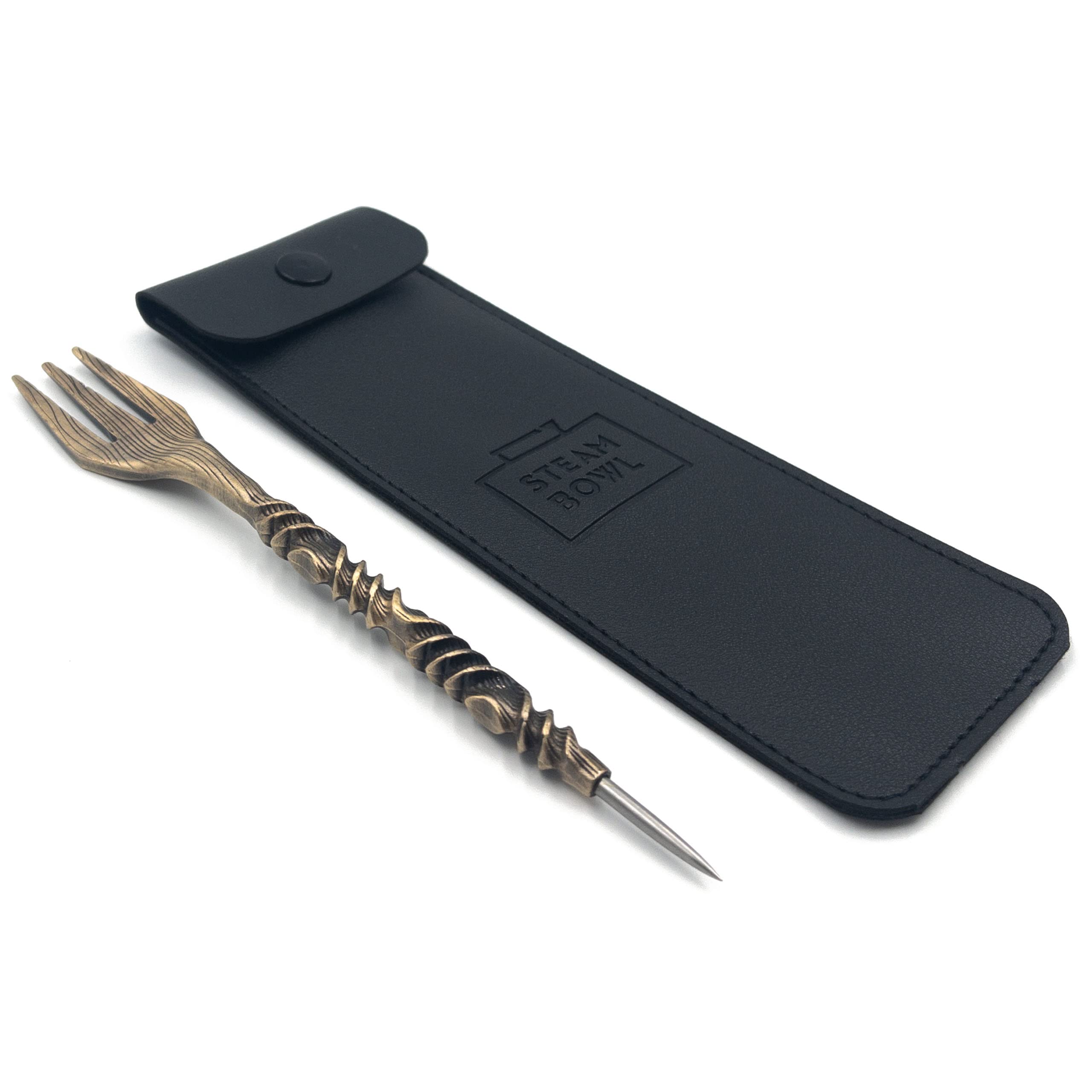 STEAMBOWL Shisha Tobacco Fork with Hole Punch Wave Gold | High Quality Fork for Tobacco with Foil Cutter | 2 in 1 Fork Perfect for Phunnel Stone Head and Clay Head | with Storage Bag