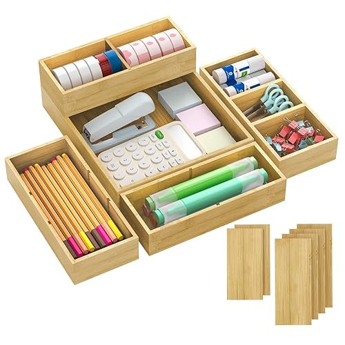 SpaceWhisper Bamboo Drawer Organizer, 5-Piece Drawer Divider with Removable Dividers for Organization and Storage, Multi-Use Stackable Storage Box & Utensil Holder for Kitchen, Office, Makeup & More