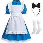 Snirczs Blue Dress Halloween Costume Set for Girls with Apron, Bow Hair Band and Striped Stockings