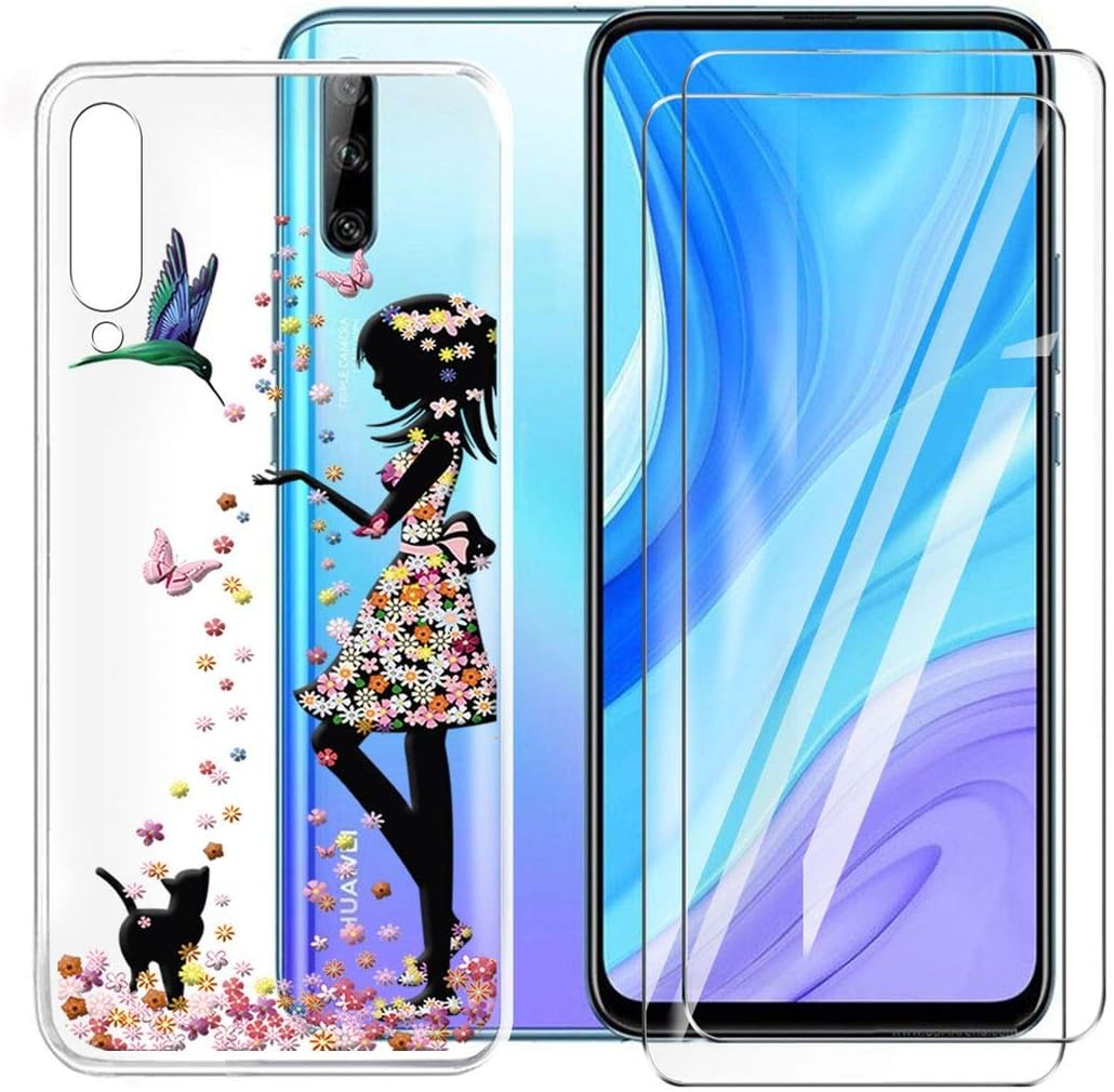 HYMY Case Cover + 2x Tempered Film for HUAWEI Y9S - Transparent TPU Soft Silicone Protection Gel Fashion Skin back Shell Screen Protector for HUAWEI Y9S (6.59")- -WM49