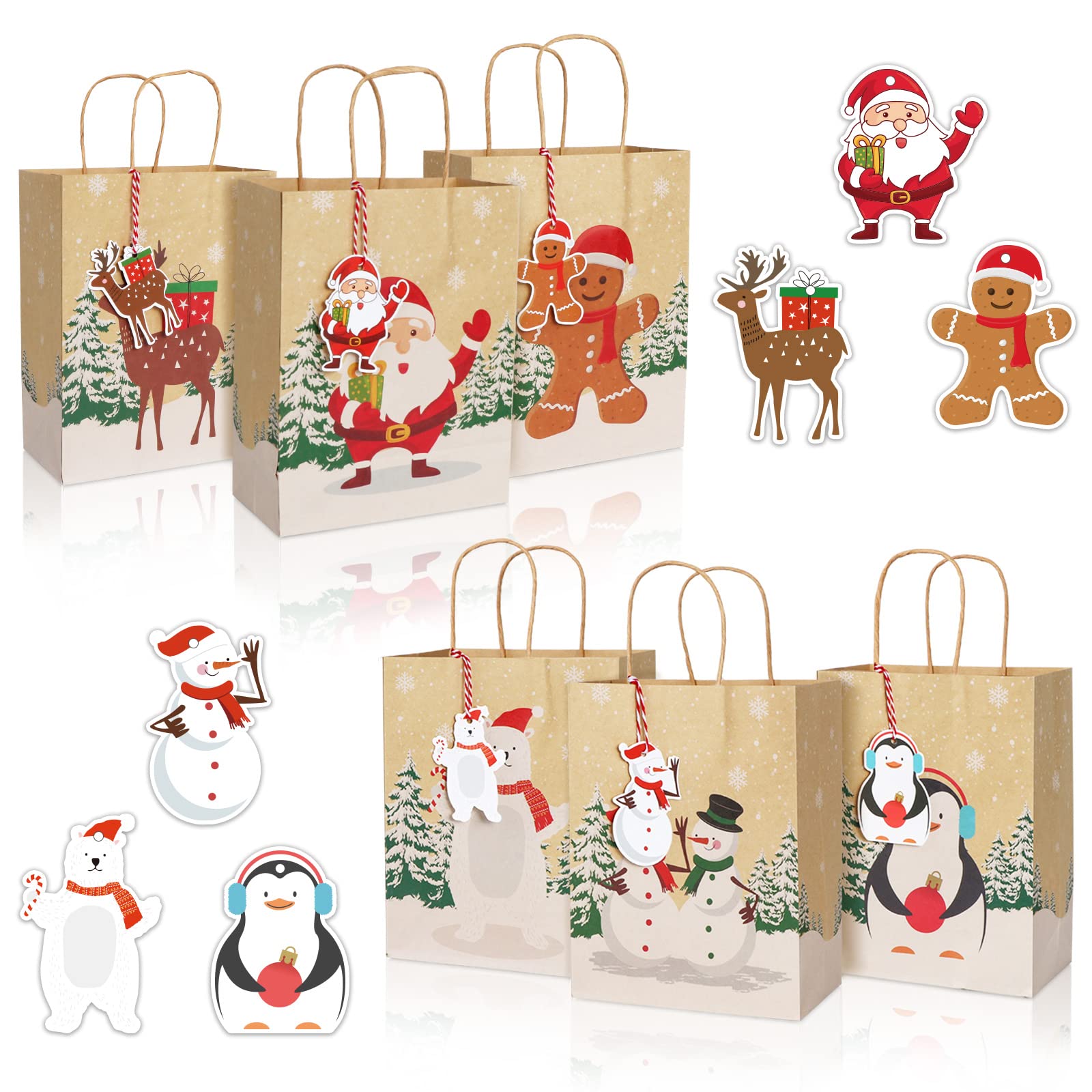 OurWarm 24Pcs Christmas Kraft Gift Bags, Large Christmas tote bags with handles and Christmas Tags, Paper Treat Bags Goody Bags for xmas Party ,9 x 7 x 4 Inch