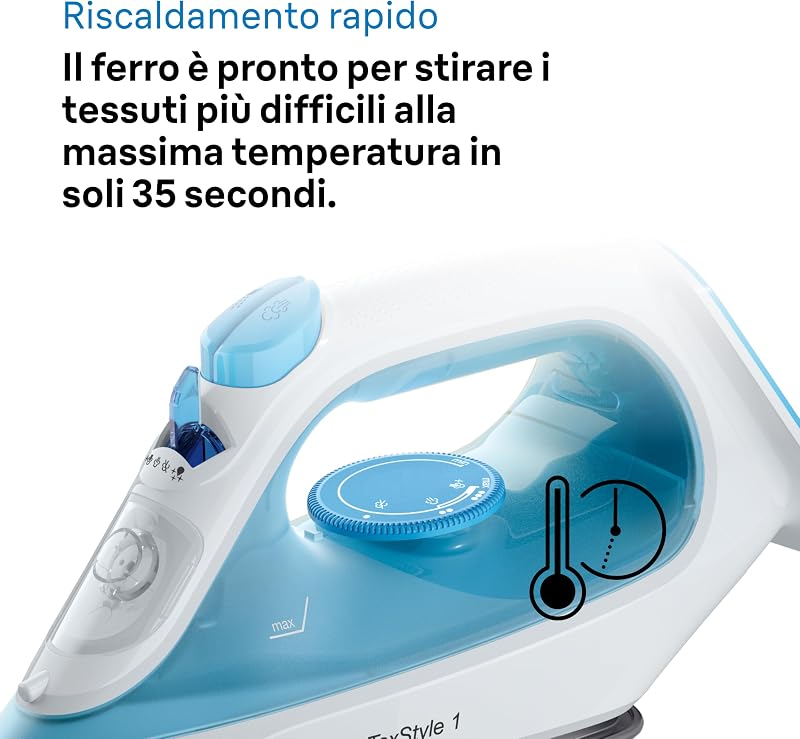 TexStyle 1 SI1029BL, Ferro da Stiro Antiaderente, 120g/min Colpo Vapore, Sistema Decalc & Funzione Spray, Riscaldamento Rapido (35s), Adatto Acqua Rubinetto, EcoMode, Serbatoio 220ml, 1900W, Blu