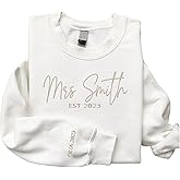 GodLover Custom Embroidered Mrs Sweatshirt, Future Mrs Hoodie, Bride Sweatshirt - Custom Last Name & Date On Sleeve - Engagement Gift, Bachelorette Party Gift