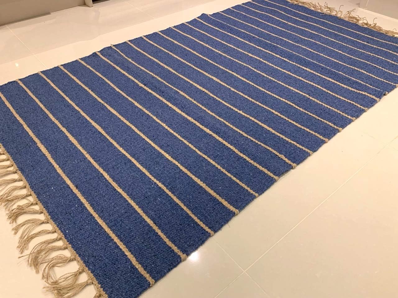 Eco friendly Denim Blue Striped Natural Jute and Cotton Handmade Fair Trade Washable Modern Kilim Dhurrie Rugs (Medium 90x150cm - (3'x5')) (Medium 90x150cm - (3'x5)