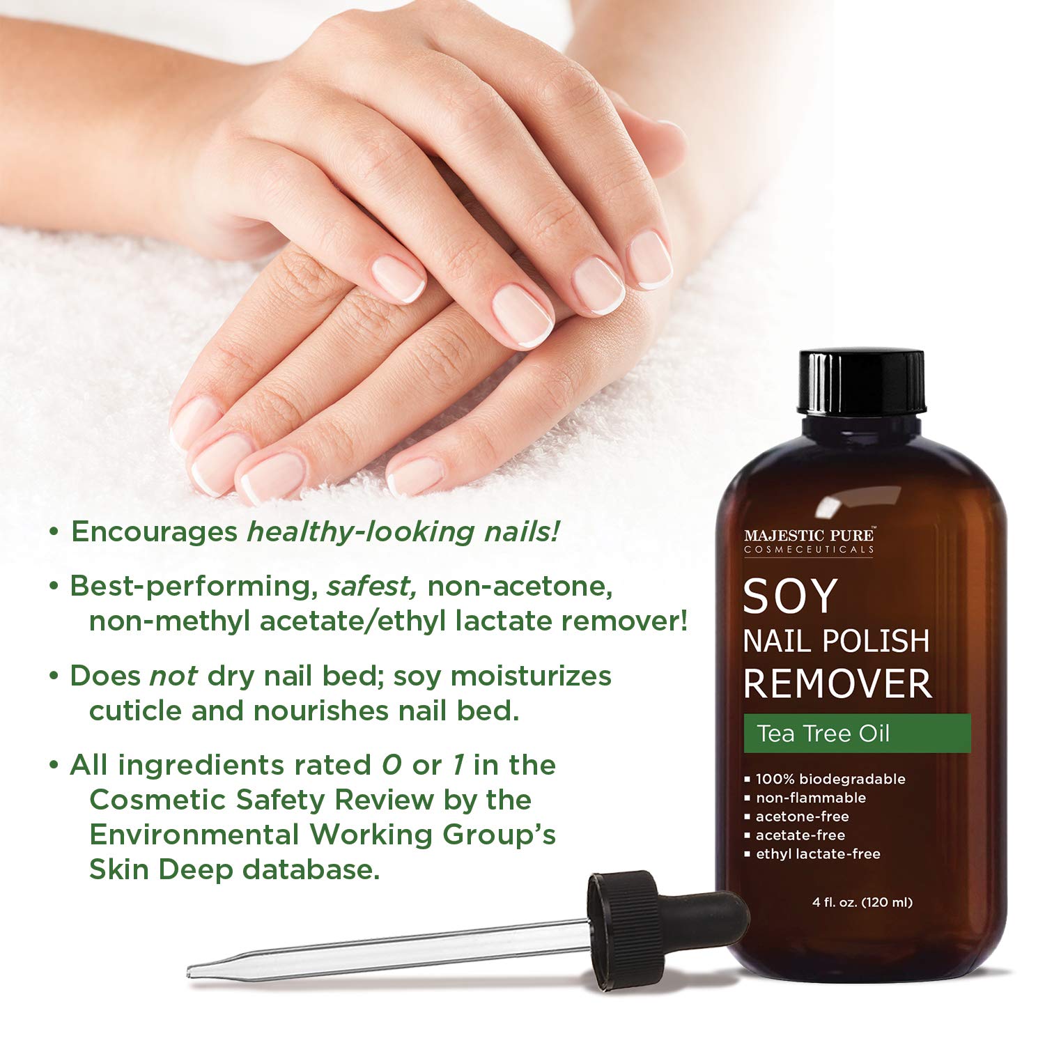 MAJESTIC PURE Soy Nail Polish Remover - Natural Acetone Free for Fingernail - Infused with Tea Tree Oil - Safe, Healthy, Gentle, Strengthening and Non Toxic - 4 fl oz : Beauty