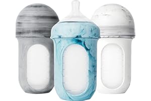 Boon Nursh Reusable Silicone Pouch Baby Bottles - Medium Flow Nipple - Silicone Baby Bottle Pouch and Nipple - Baby Feeding Essentials - Tie Dye - 3-6 Months - 3 Count - 8 Ounce