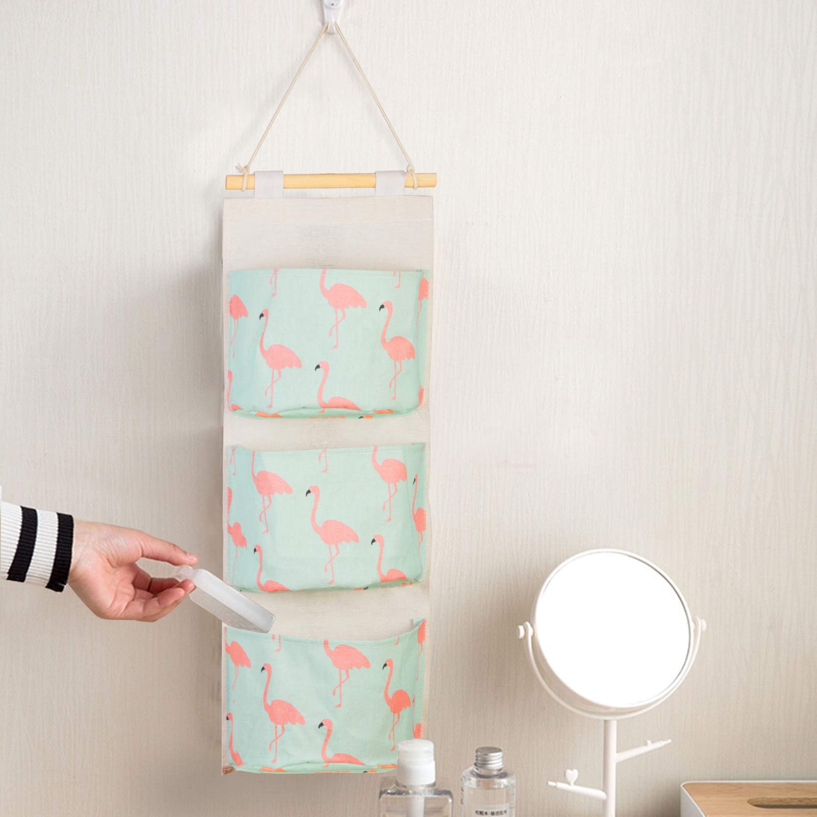 LANMOK 2 Pcs Hanging Storage Bags Case Cotton Closet Organizer Over The Door Wall Baskets with 3 Pockets 2 Pcs Self Adhesive Hooks for Kitchen Bedroom Bathroom Office