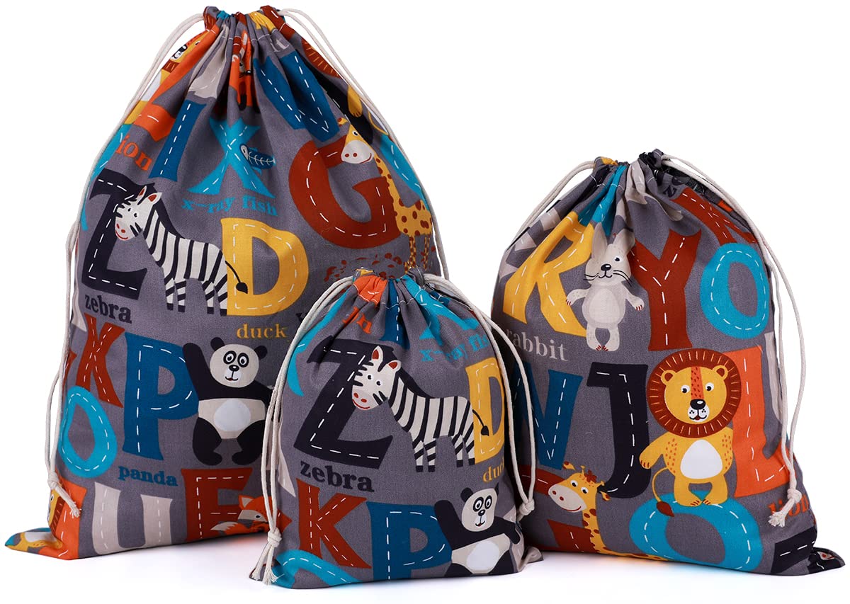 Amoyie 3 pcs Fabric Storage Bags Drawstring, Large Organiser Bag, Cloth Pouch for Travel Accessories, Panda Zebra