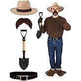 Chicingyou 4 Pcs Forest Fire Prevention Bear Costume Set Brown Park Forest Fire Hat Adhesive Fake Mustache Small Handle Shovel Leather Belt for Men Halloween Brown Bear Costume Accessories
