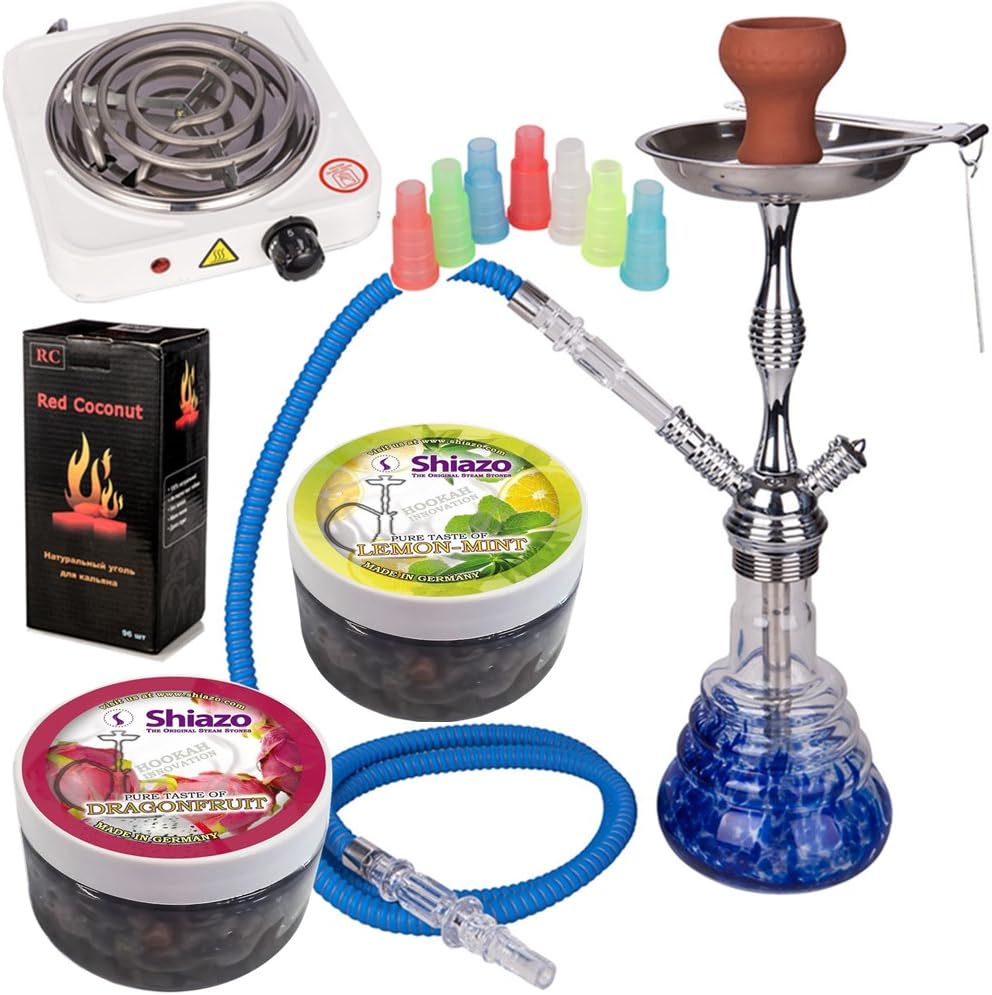 NOVESTE Shisha Set 50 cm Zinc Blue Incl. Shisha Charcoal Lighter White Shisha Charcoal Tinfoil Spout and Steam Stones Shiazo 200 g