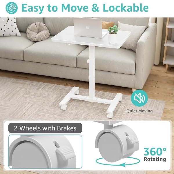 WINAZ SMALL WHITE STANDING ROLLING DESK – 24 INCH PORTABLE MOBILE STAND UP KIDS DESK ADJUSTABLE HEIGHT WITH WHEELS FOR SMALL SPACES, COUCH LAPTOP DESKS SIDE END TABLE FOR HOME OFFICE