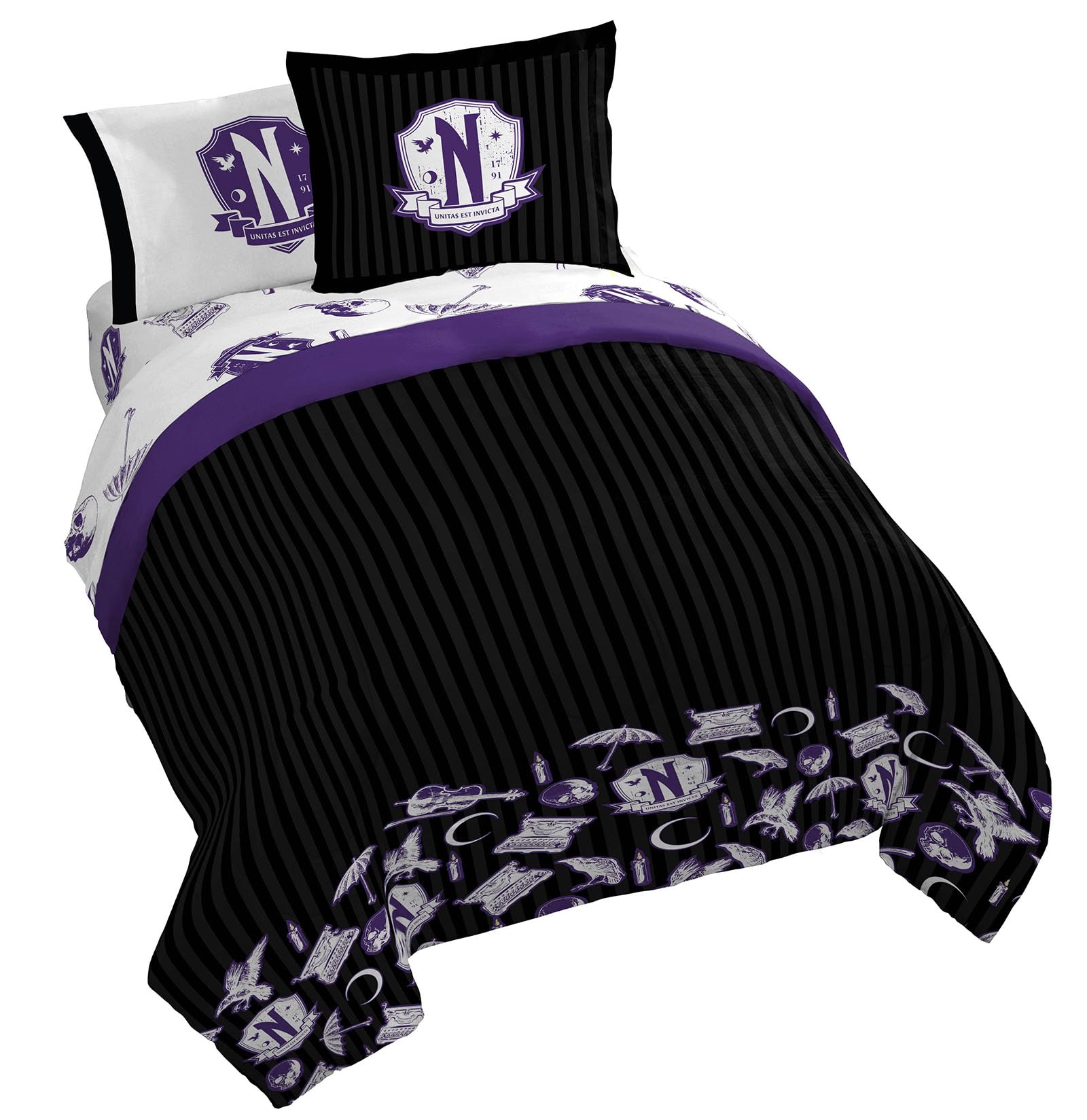 Jay Franco Wednesday Addams Queen Comforter Set - 7 Piece Bedding Includes Sheet Set & Pillow Covers - Black and Grey Stripes Super Soft Kids Bedding Image