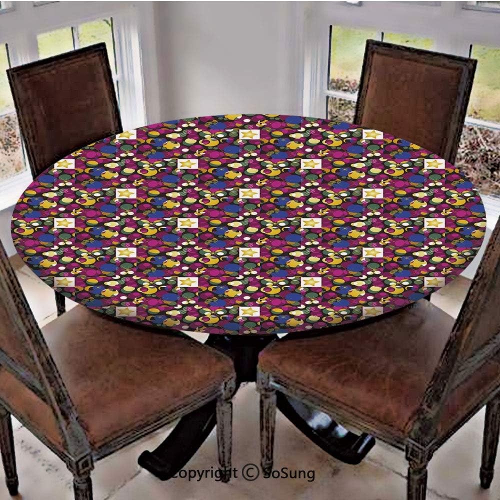 Elastic Edged Polyester Fitted Table Cover,Mix Forms with Stars Circles Square Colorful Chaos Geometric Pattern Decorative,Fits up 45"-56" Diameter Tables,The Ultimate Protection for Your Table,Gold F