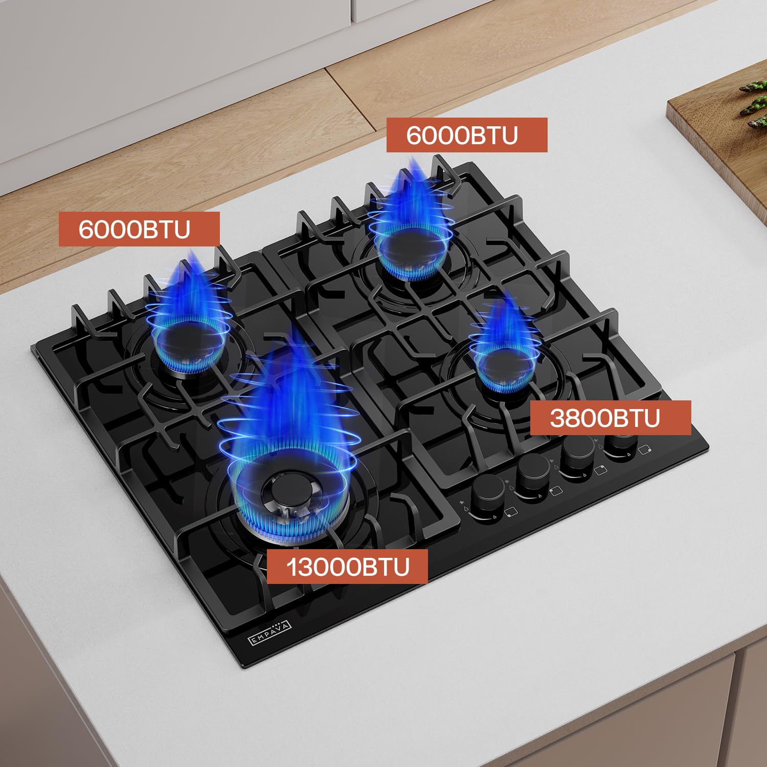 Empava 24 in. Gas Stove Cooktop with 4 Sealed Burners-Heavy Duty Continuous Grates-NG/LPG Convertible-Black Tempered Glass Surface, 24 Inch