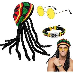 WduirQx 3-Piece Rasta Hat, Jrasta Hat with Dreadlocks, Jamaican Costume Set with Black Wig Hat, Gold Frame Sunglasses, Men's