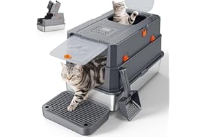 FURTIME Stainless Steel Litter Box with Lid, Large Enclosed Cat Litter Box for Big Cats, Metal Cat Box with High Sided Enclosure & Scoop, Front & Top Entry, Odor Free, Anti-Leakage, Grey