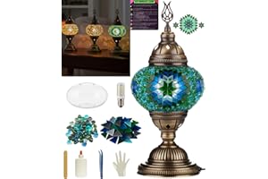DEMMEX DIY Turkish Mosaic Table Lamp Making Kit, Glass Pieces and Tools, Antique Brass Base, No Grout Required (CLASSIC, Turq