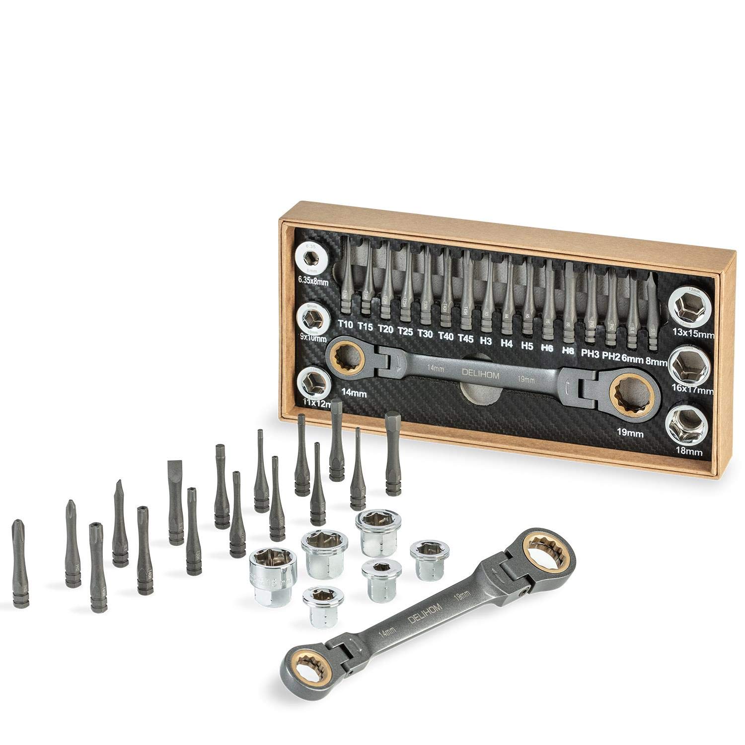 Delihom Ratcheting Multi Socket Wrench Set Patented Multi-Functional Box End Wrench Metric with Innovative Adapter Sockets and S2 Steel Screwdriver Bits