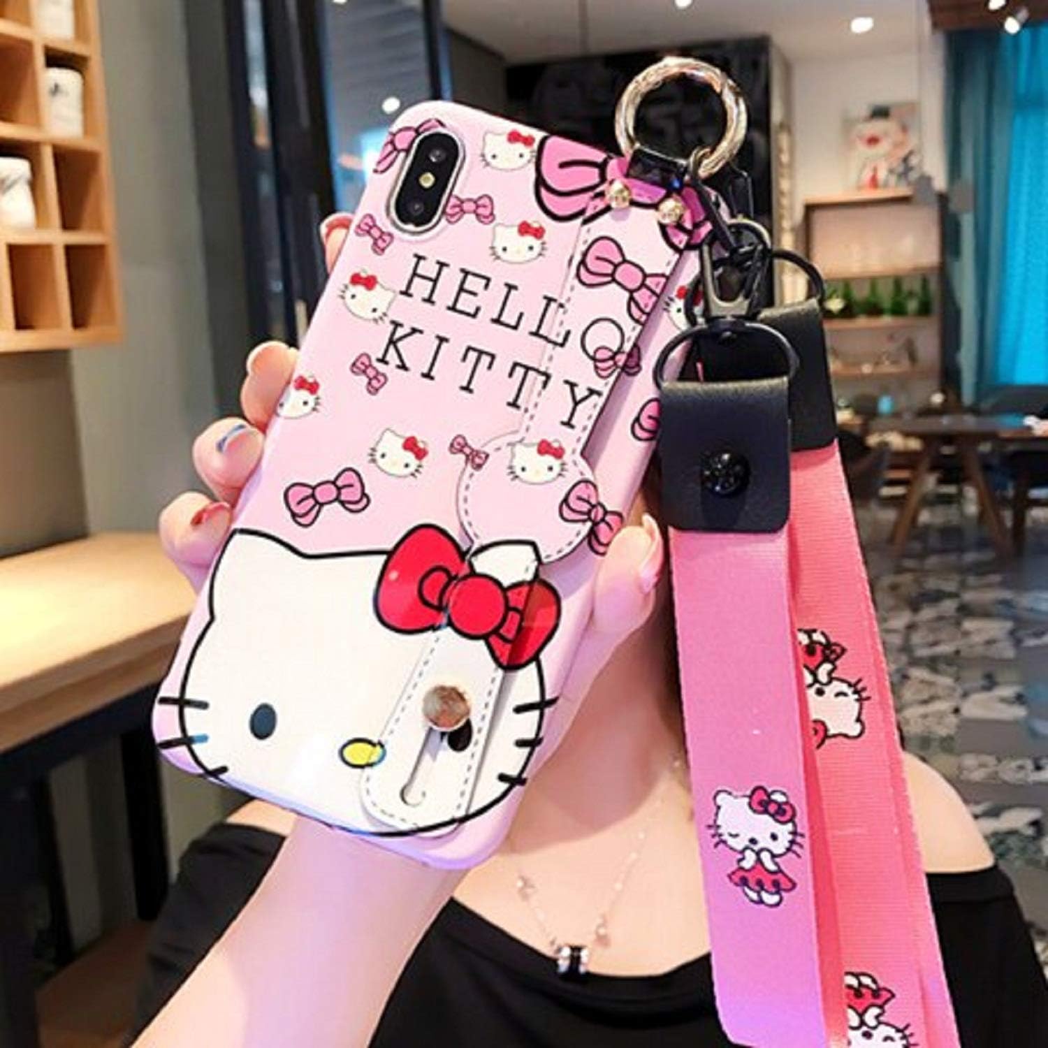 Cute Hello Kitty Cat Hand Band Bracket+Lanyard Cover Case for iPhone 7 Case Xs Max 8 Plus X Xr Cartoon Soft TPU Phone Case (1, for iPhone 11 pro max)