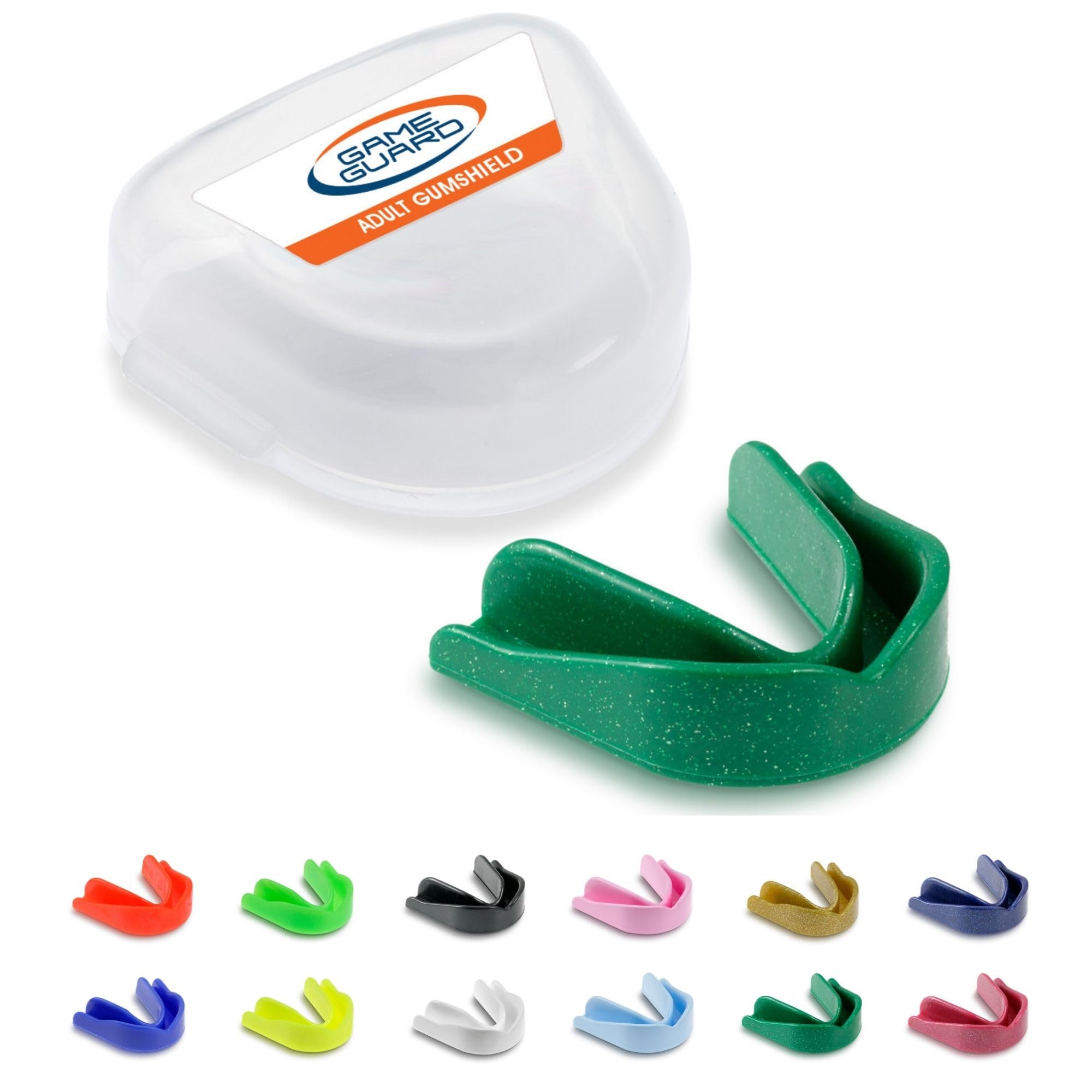 GAME GUARD Sports Mouthguard – Easy Fit Boil & Bite Gum Shield for Adults & Teens (Age 13+) – Mouth Guard for Rugby, Hockey, GAA – Ideal for Schools and Clubs (Green Sparkle)