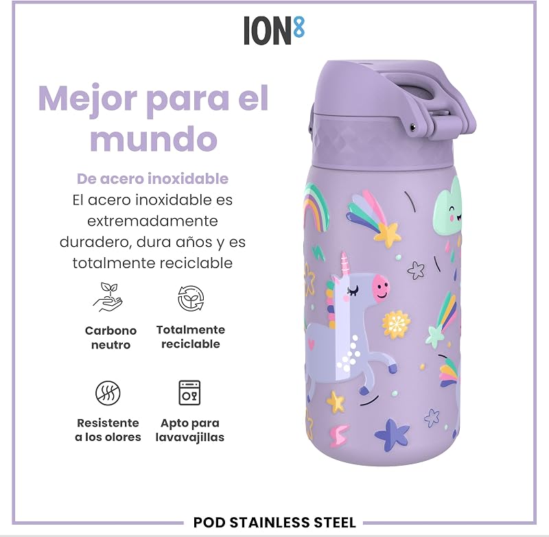 Garrafa de água leve em aço inoxidável para crianças, 400ml, não isolada, à prova de fugas, fácil de abrir, tranca segura, segura na máquina de lavar loiça, tampa de rebatente, fácil de limpar, unicórnios, roxo