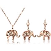 Barzel 18K Gold Plated Filigree Elephant Earrings and Necklace Jewelry Set