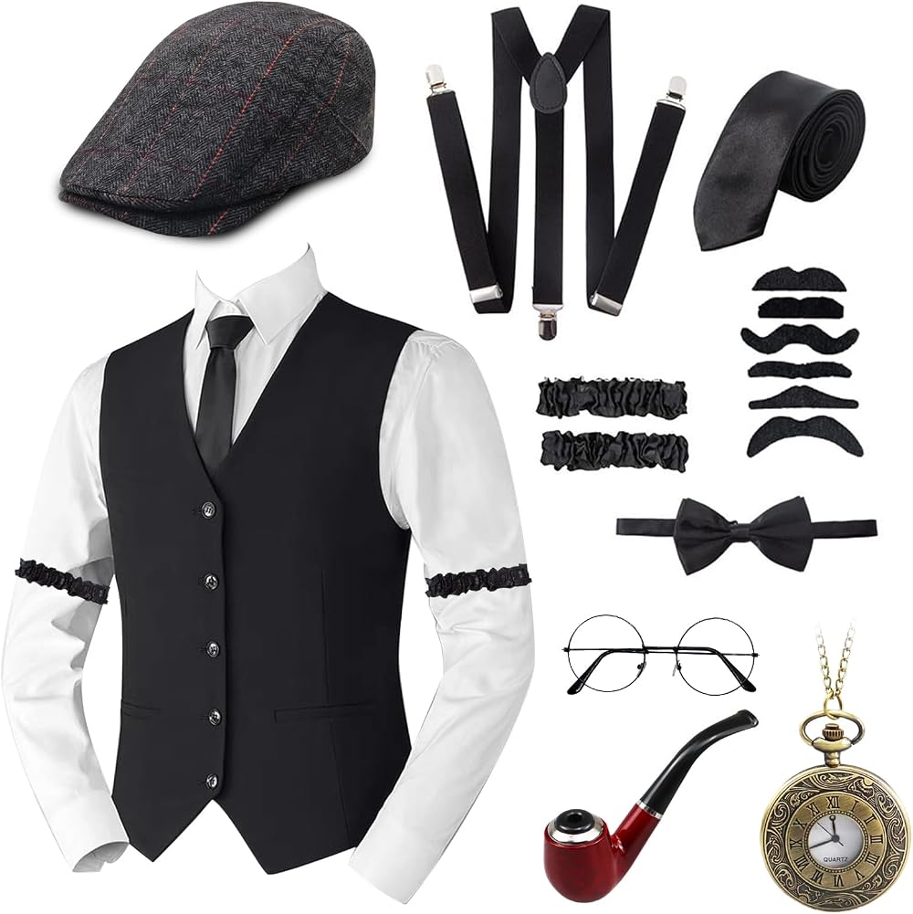 Okabay 1920s Gatsby Men Costume Kit 11Pcs: Waistcoat, Hat, Bow Tie, Pocket Watch