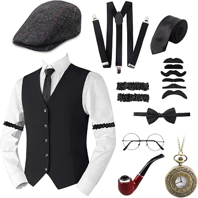 Okabay 1920s Gatsby Men Costume Kit 11Pcs: Waistcoat, Hat, Bow Tie, Pocket Watch