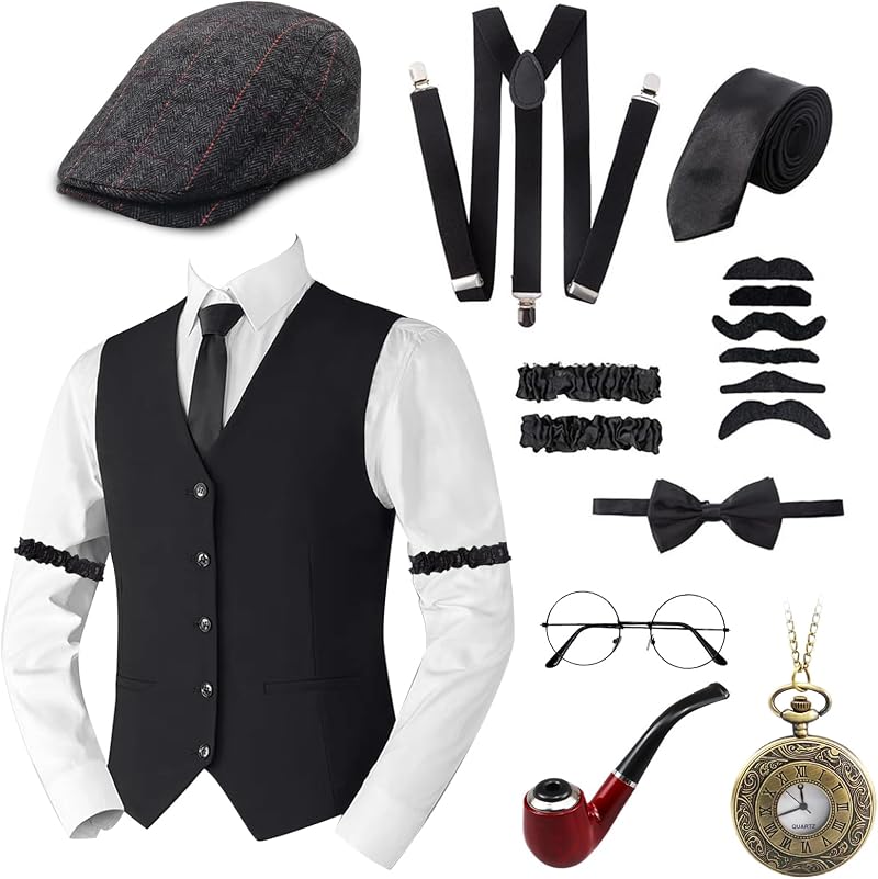 Okabay 1920s Gatsby Men Costume Kit 11Pcs: Waistcoat, Hat, Bow Tie, Pocket Watch