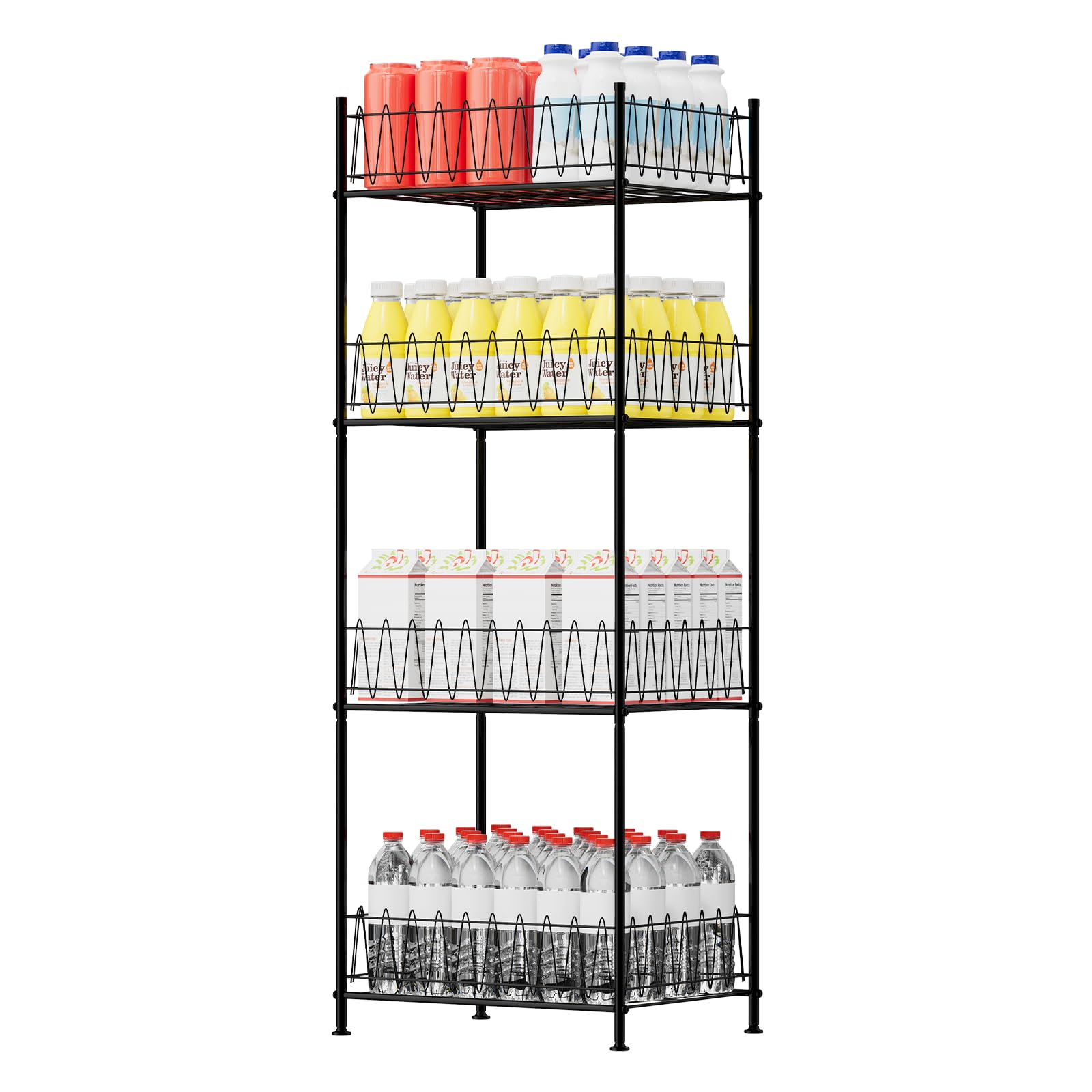 Photo 1 of smusei Water Bottle Organizer Rack 4 Tier Free Standing Bottled Water Storage Organizer for Floor, Metal Beverage Soda Can Dispenser Shelf Holder Stand for Kitchen Pantry Office, Black