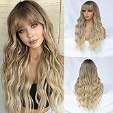 MINLEE Ombre Blonde Wig with Bangs for Women 26 Inch Long Wavy Wig Blonde Hair Wigs Heat Resistant Synthetic Wig for Daily Party Use