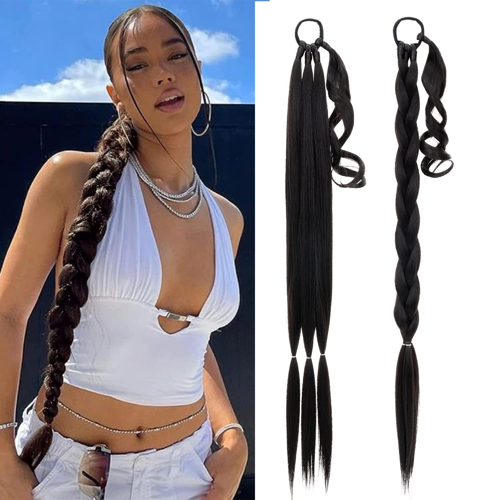 MY-LADY Long DIY Braided Ponytail Extension with Elastic Tie Straight Wrap Around Braid Hair Extensions Pony Tail Soft Synthetic Hairpiece for Women 32 inch Dark Brown — image 1