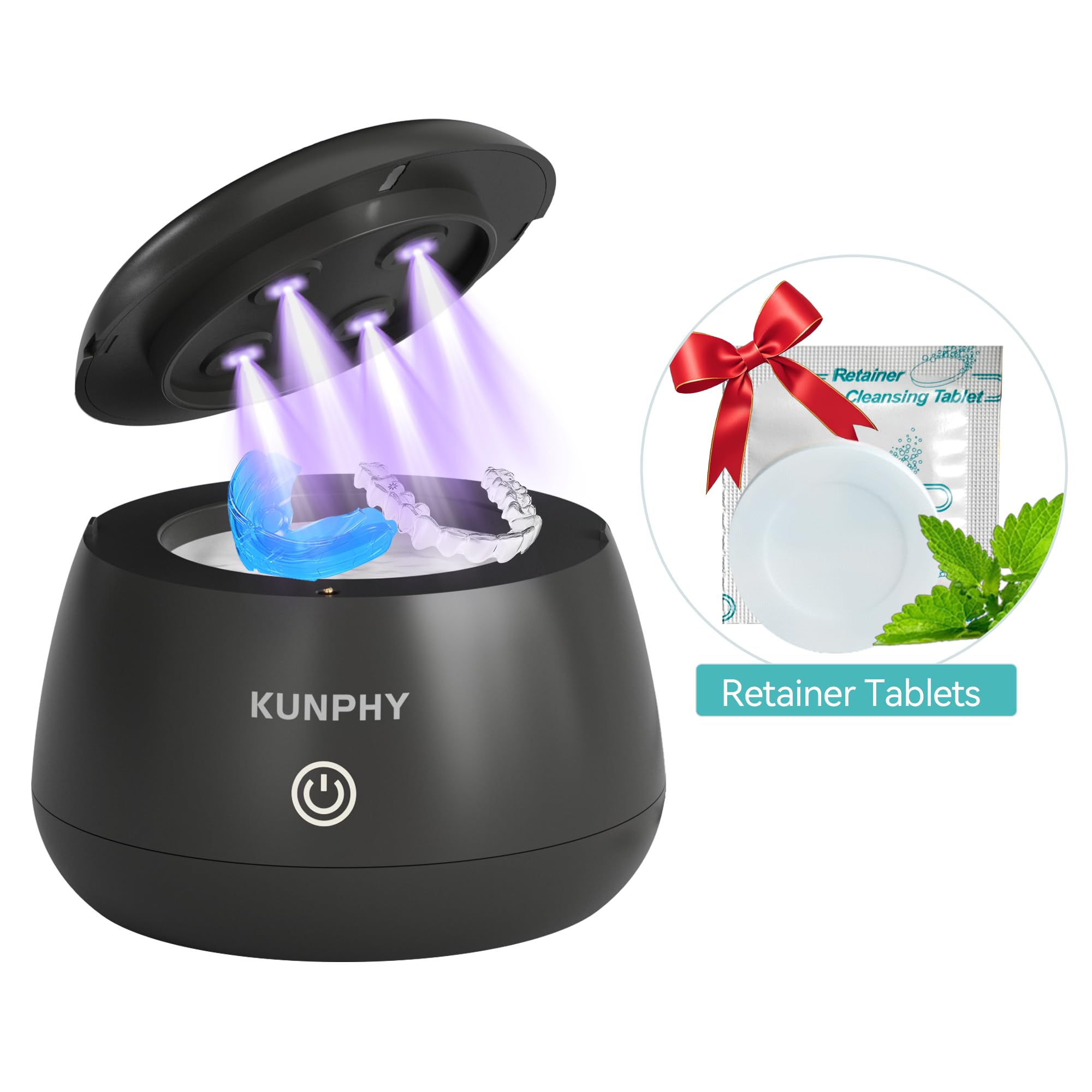 Photo 1 of KUNPHY Ultrasonic Retainer Cleaner, 48kHz Denture Cleaner Machine with Cleaning Tablets, Water-Proof Dental Cleaning Pod for Deep Cleaning Night Guard, Mouth Guard, Aligner, Jewelry, Black