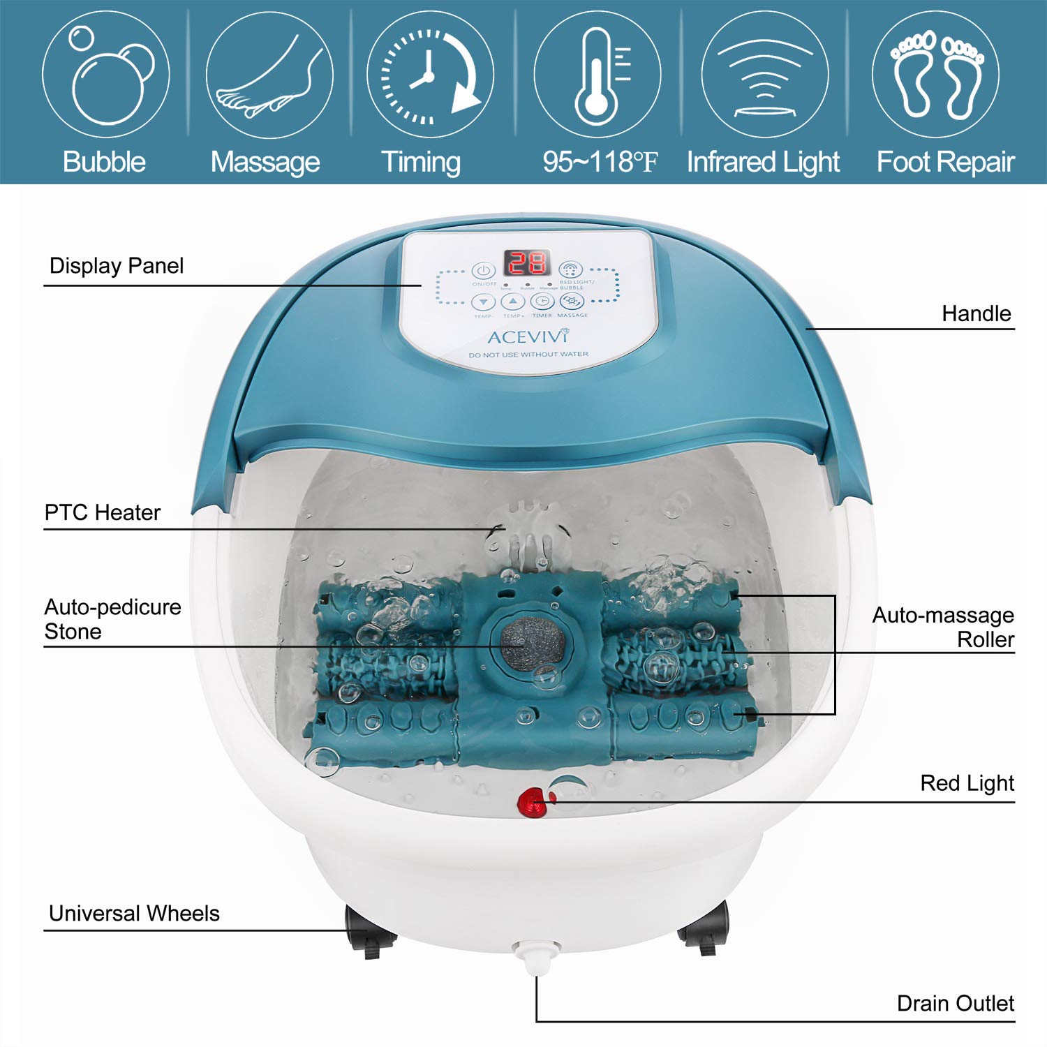 ACEVIVI Foot Spa Bath Massager with Heat, 16 Motorized Shiastu Massage Rollers, 2 Maize Massage Rollers, Foot Stone, Bubbles, Adjustable Time & Temp, Red Light, Multi-Modes Pedicure Soaking Tub: Health & Personal Care